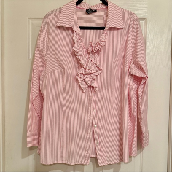 Lane Bryant Pink Striped Ruffle Front Long Sleeve Cotton Shirt, Size 22 - Picture 2 of 6